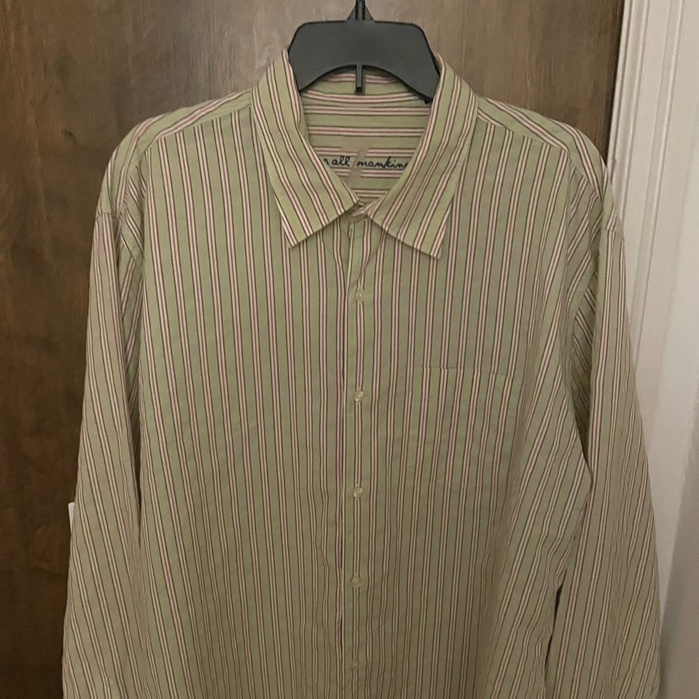 7 For All Mankind mens green striped button up collared shirt, size XL preppy